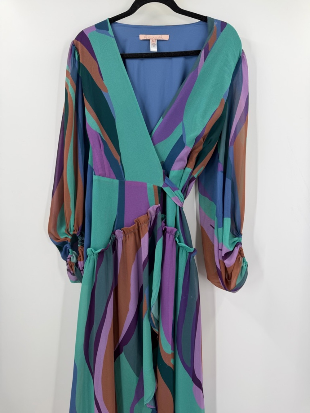 Hutch Multicolor Striped High-Low Wrap Dress in Teal, Purple & Brown Size M - Picture 4 of 14